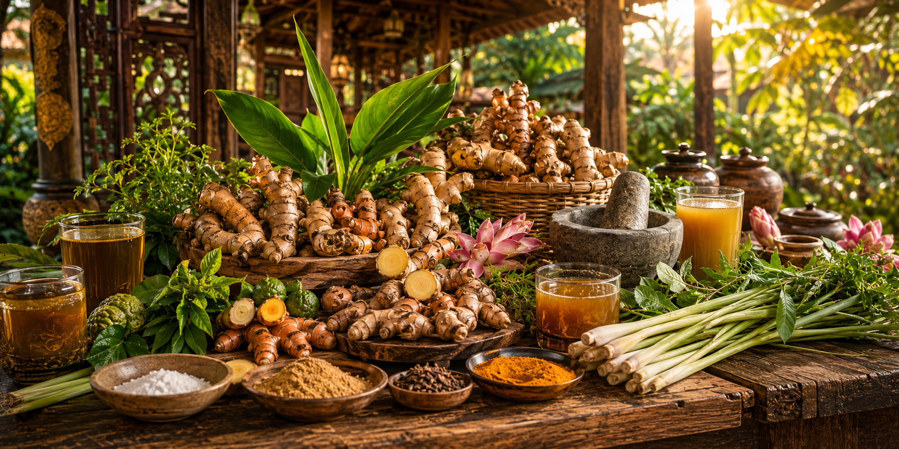 Herbal Nusantara Asli Indonesia berupa temulawak, kunyit, jahe, kencur, lengkuas, daun herbal